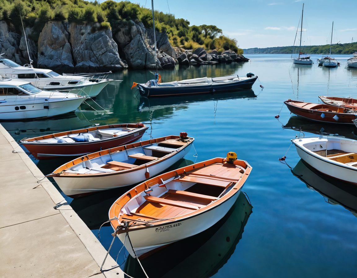 A serene waterway lined with various types of boats, including sailboats and motorboats, all subtly showcasing insurance symbols like shields or checks on their hulls. A friendly guide with a clipboard points towards the boats, engaging with viewers. In the background, a clear blue sky reflects on the water, conveying a sense of affordable adventure. super-realistic. vibrant colors. white background.