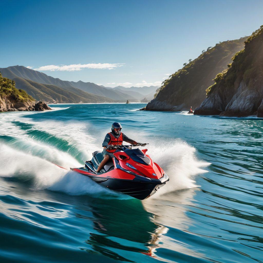 A split-scene design featuring a serene sailboat gracefully gliding across calm blue waters on one side, while on the other side, a vibrant jet ski cutting through lively waves, both surrounded by sunny skies and distant coastal mountains. The image should convey a sense of adventure and freedom, with labels highlighting essential coverage options for each watercraft. bright colors. dynamic composition. high contrast.