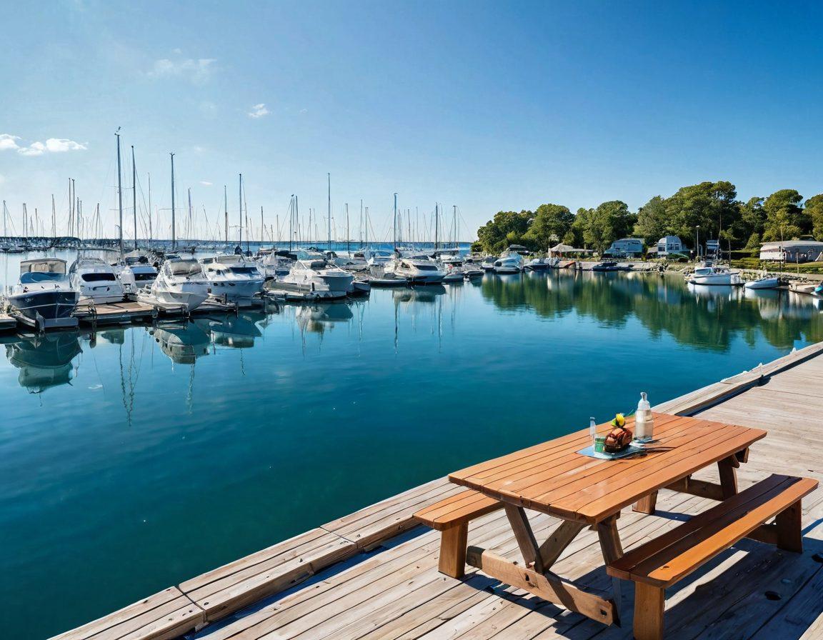 A panoramic view of a calm marina with various boats, symbolizing affordable marine insurance solutions. Include a confident family reviewing documents on a picnic table, showcasing the joy of security at sea. Surrounding them, vibrant blue waters and sunny skies with a hint of abstract insurance icons floating softly in the background. vibrant colors. super-realistic.